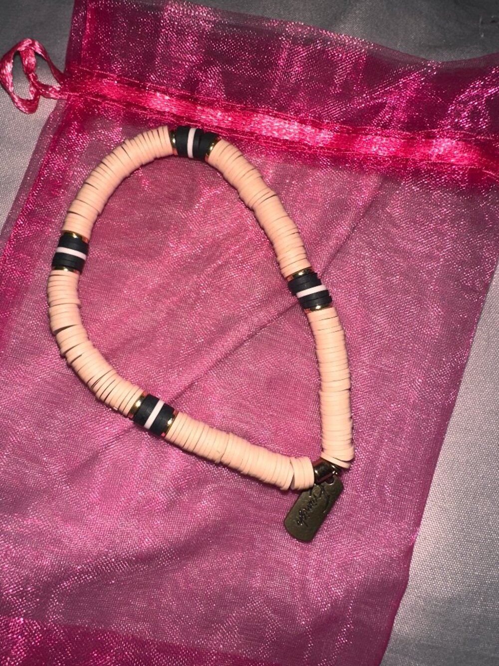 Erimish Peach Clay Heishi Bead Stretch Bracelet with Gold-Tone Accents
